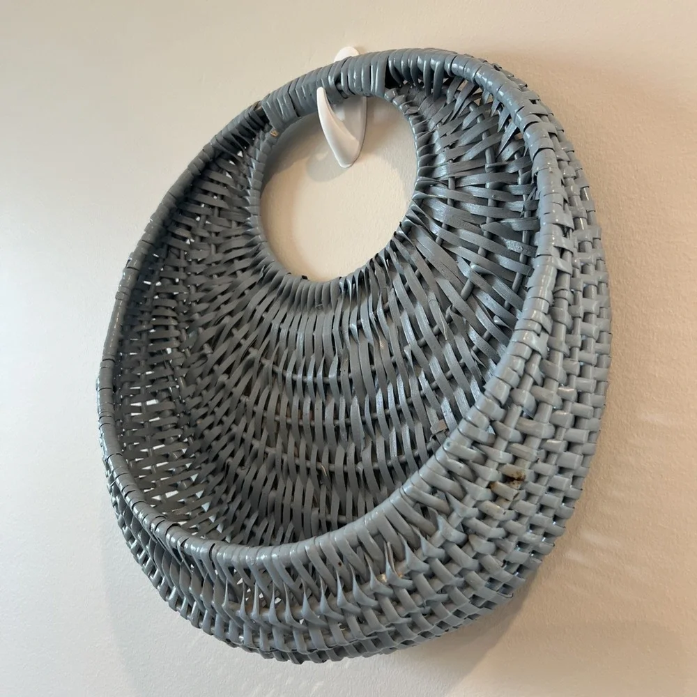 Woven Wicker Pocket Basket Blue Grayish Half Moon Design Vintage Painted